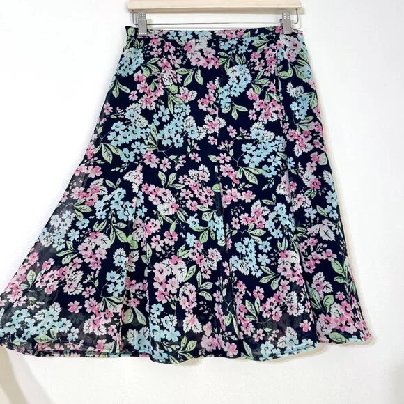 Vtg Y2K Sag Harbor Floral Flared Chiffon Skirt Elastic Waist Fairy Feminine Navy - Picture 4 of 14